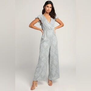 Lulu’s Poised to Perfection Dusty Blue Floral Jacquard Jumpsuit